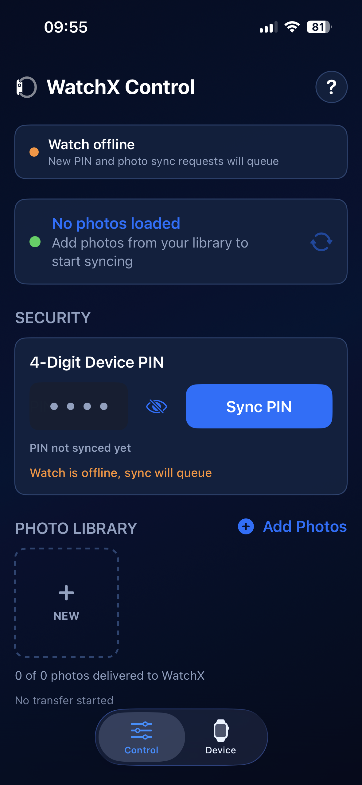 Écran principal iPhone de WatchX avec gestion du PIN et bibliothèque photo
