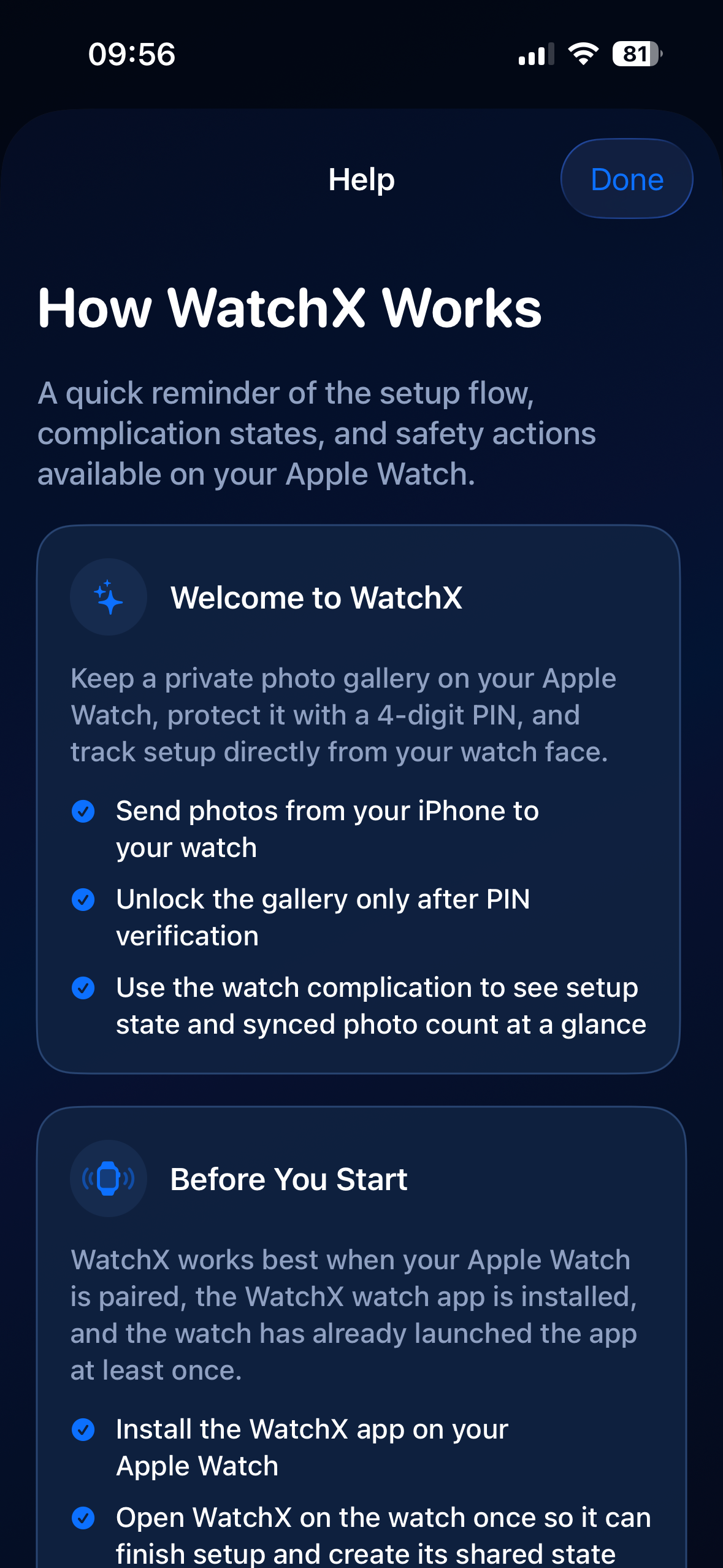 Écran d'aide et d'onboarding iPhone de WatchX pour apprendre à prendre l'application en main