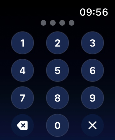 Écran de saisie du PIN de WatchX sur Apple Watch
